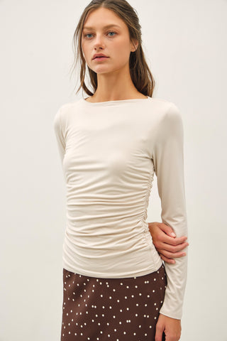 Boat Neck Long Sleeve Side Ruched Top