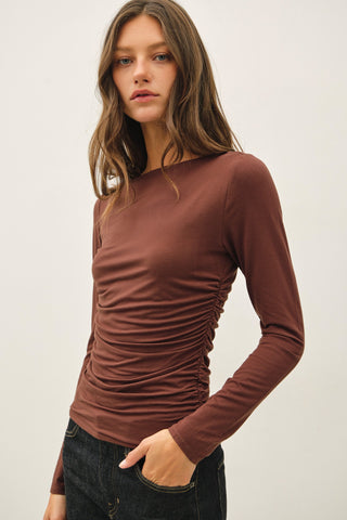 Boat Neck Long Sleeve Side Ruched Top