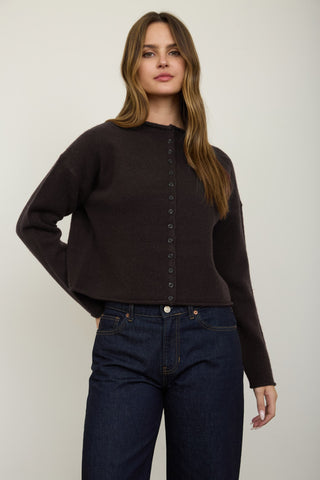 Raw Edge Mock Neck Button Down Cardigan
