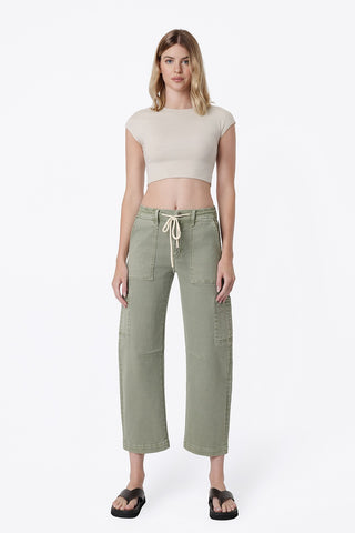 Flying Monkey High Rise Utility Cargo Drawstring Barrel Jeans in Green