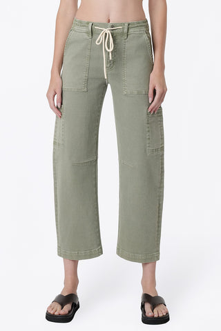 Flying Monkey High Rise Utility Cargo Drawstring Barrel Jeans in Green