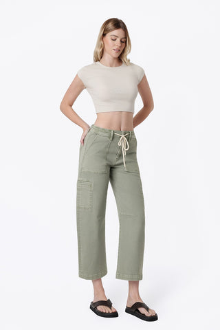 Flying Monkey High Rise Utility Cargo Drawstring Barrel Jeans in Green