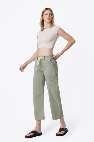 Flying Monkey High Rise Utility Cargo Drawstring Barrel Jeans in Green