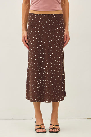 Polka Dot Print A-Line Midi Skirt in Brown