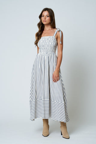 Stripe Smocked Tie Strap Basque Waist Dress