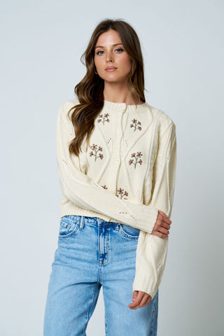 Floral Embroidered Cable Knit Button Down Cardigan