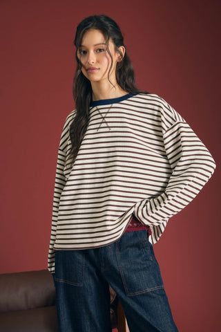 Stripe Crew Neck V-Stitch Long Sleeve Knit Top