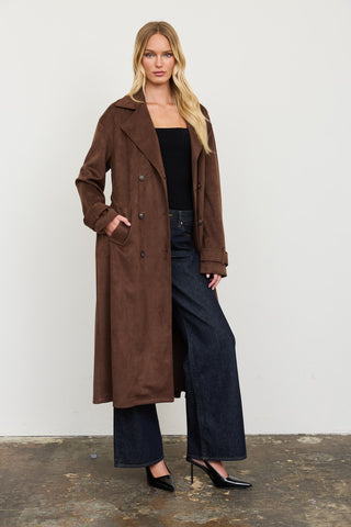 Notch Collar Maxi Suede-Look Trench Coat in Dk. Brown