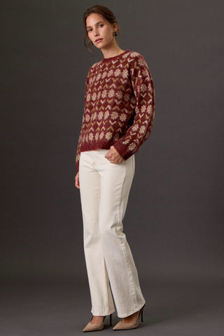 Fuzzy Floral Fair Isle Crew Neck Sweater