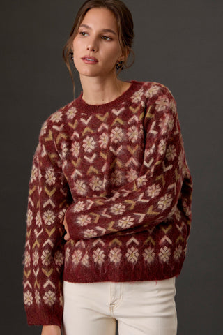 Fuzzy Floral Fair Isle Crew Neck Sweater