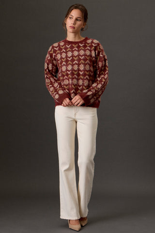 Fuzzy Floral Fair Isle Crew Neck Sweater