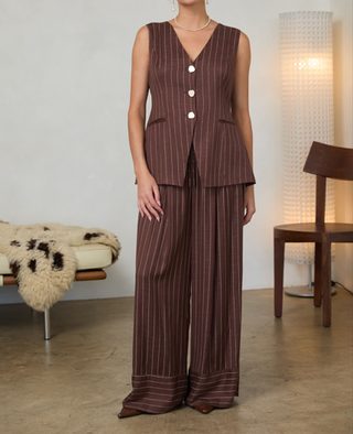 Brown & Ivory Pinstripe Button-Down Vest | Women's Sleeveless Top
