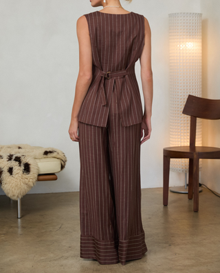Brown & Ivory Pinstripe Button-Down Vest | Women's Sleeveless Top