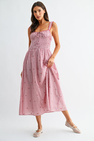 Cherry Embroidered Striped Midi Dress