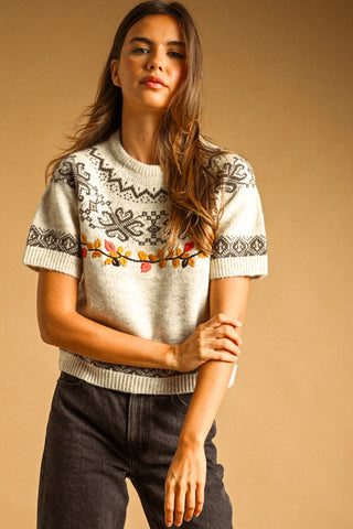 Leaf Embroidered Fair Isle Short Sleeve Sweater Top – Women's Sweater by MIOU MUSE