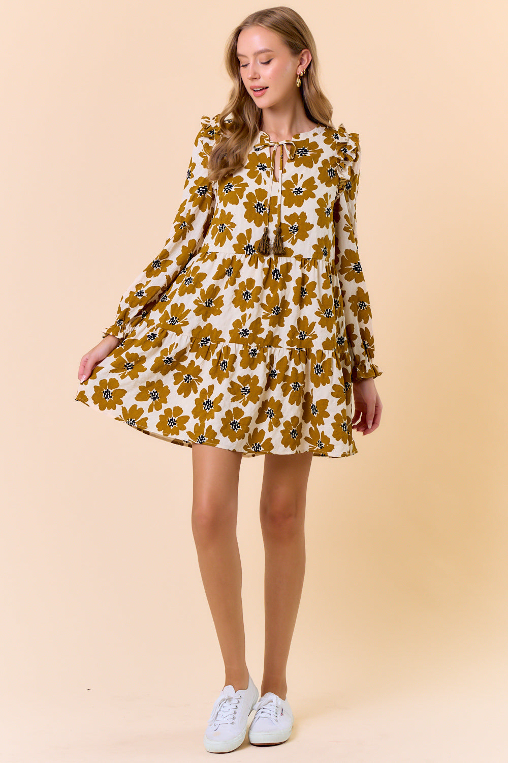 Fall Floral Print Mini Dress in Dijon