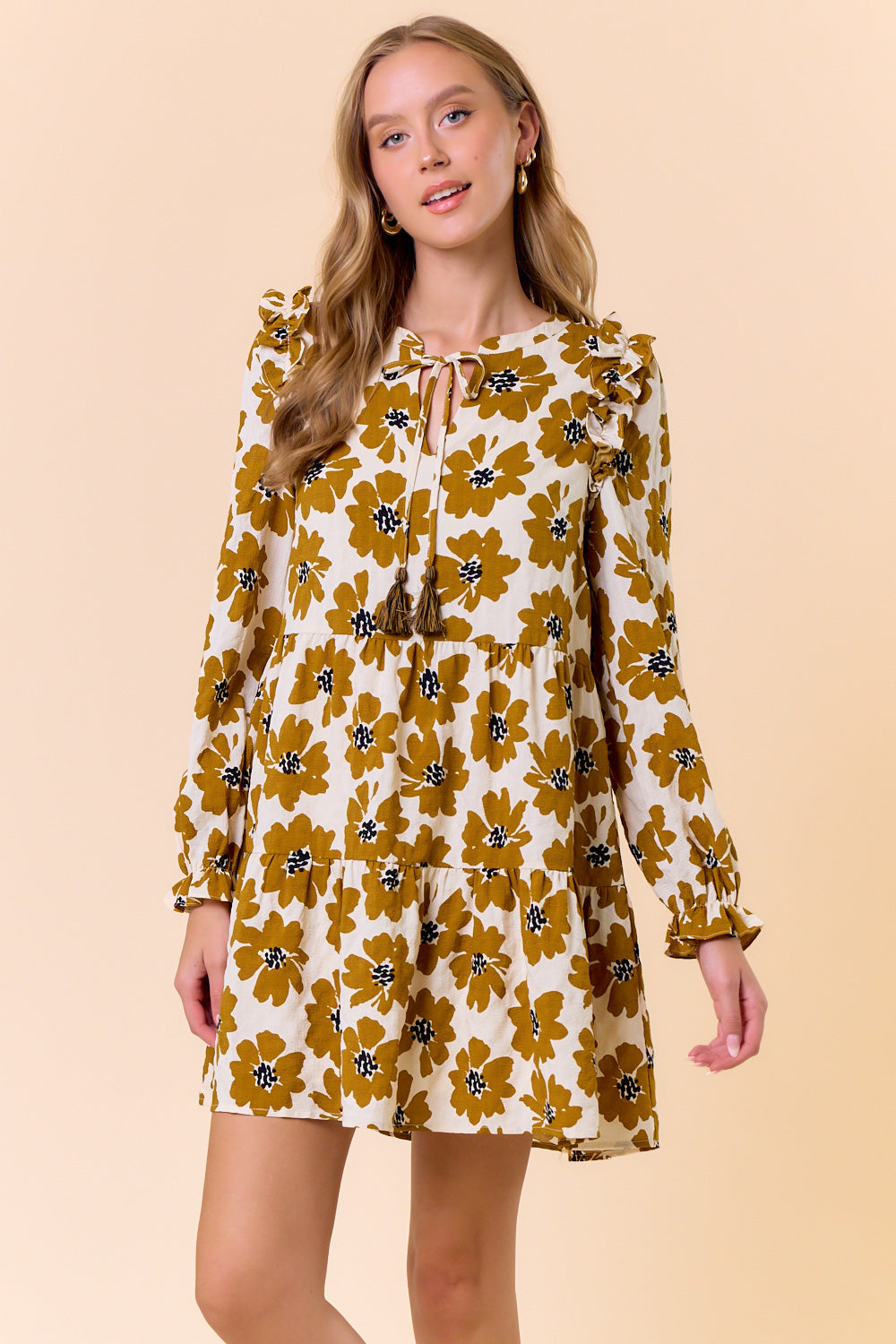 Fall Floral Print Mini Dress in Dijon