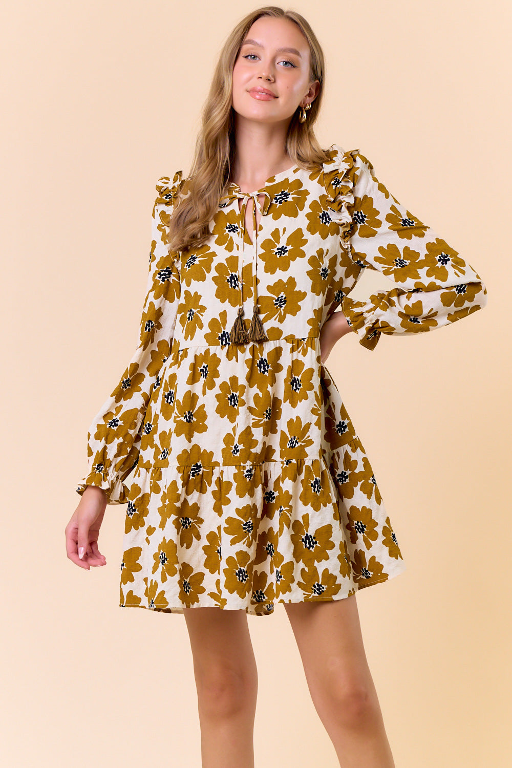 Fall Floral Print Mini Dress in Dijon