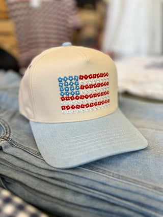Daisy Usa Flag Trucker Hat in Light Denim