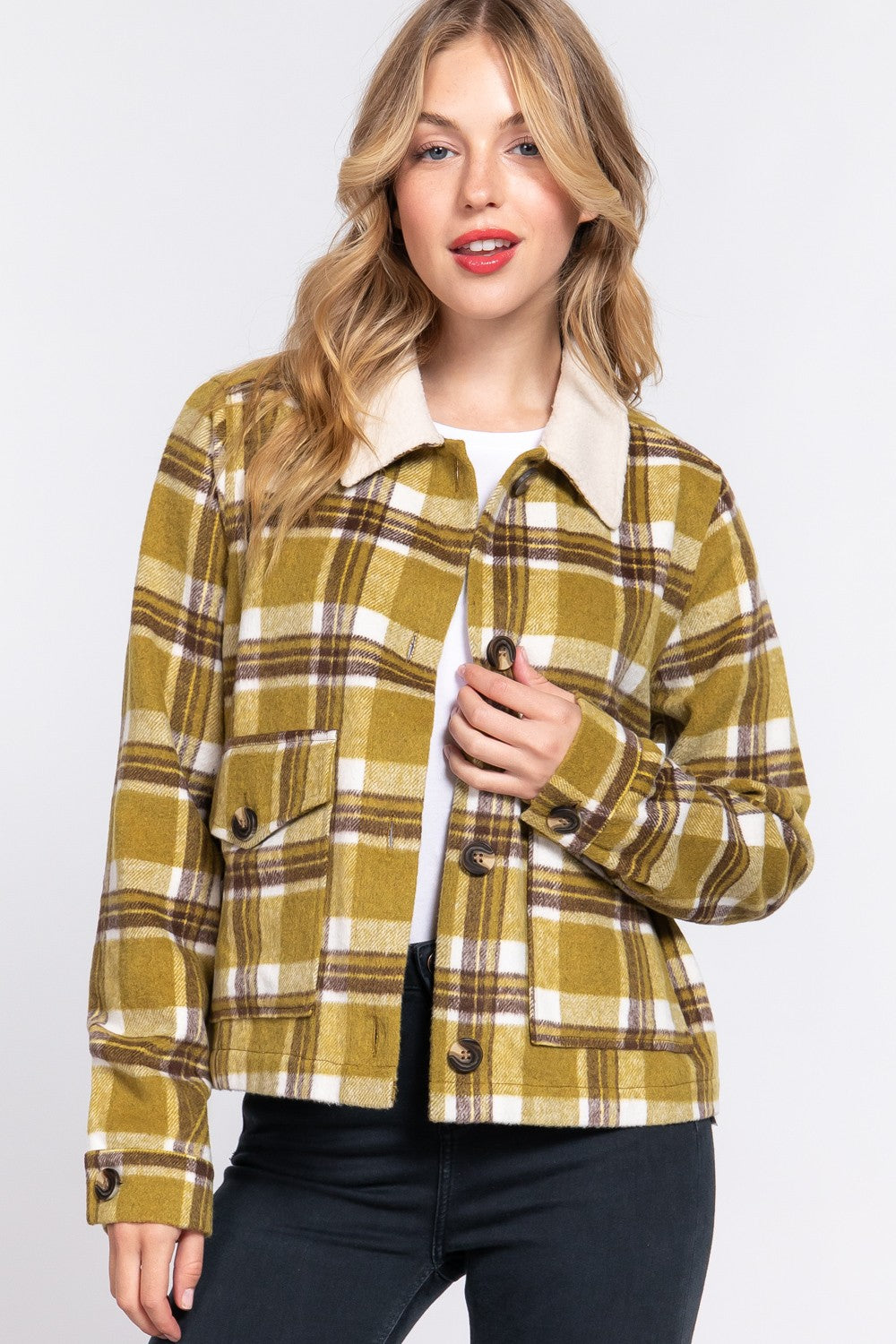 Faux Fur Collar Plaid Jacket in Olive