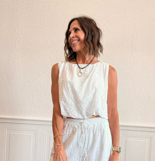 Sleeveless Bubble Hem Eyelet Top in White