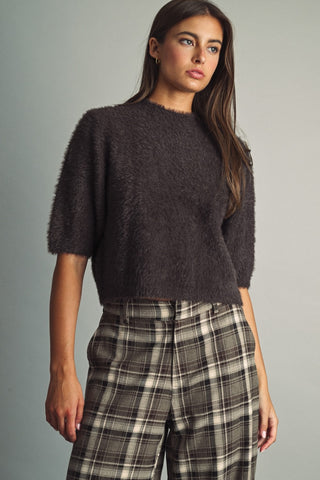 MIOU MUSE Cropped Eyelash Faux-Fur Sweater in Chocolate