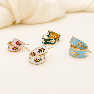 Garden Meadow Flower Enamel Huggie Hoop Earrings