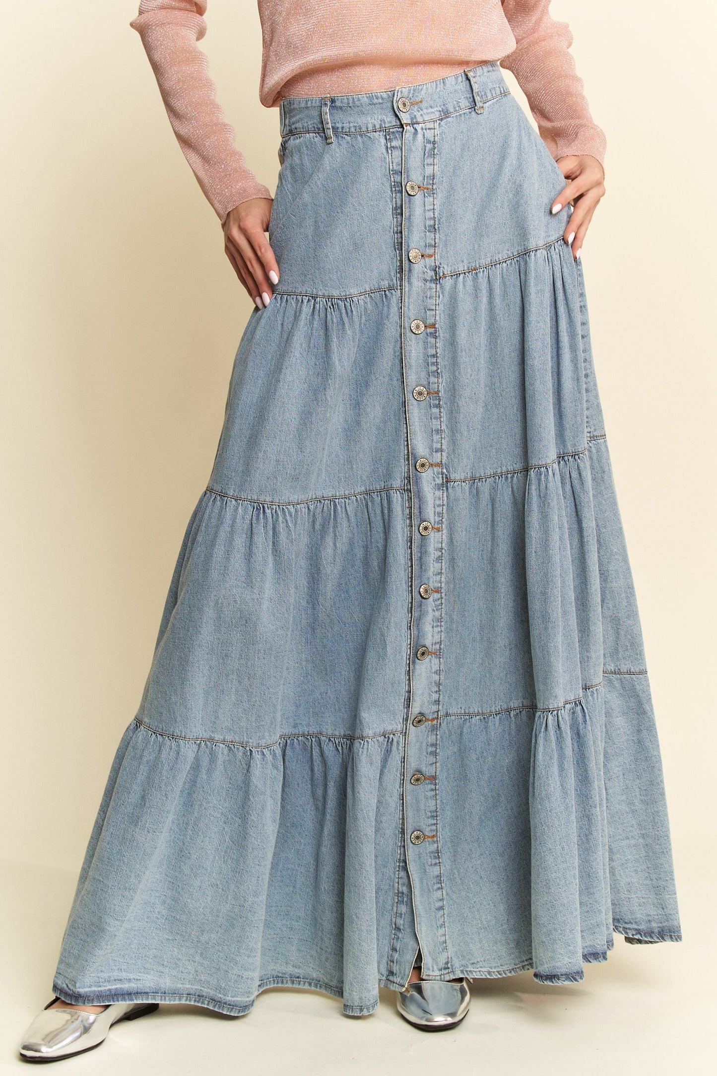 Tiered Denim Maxi Skirt