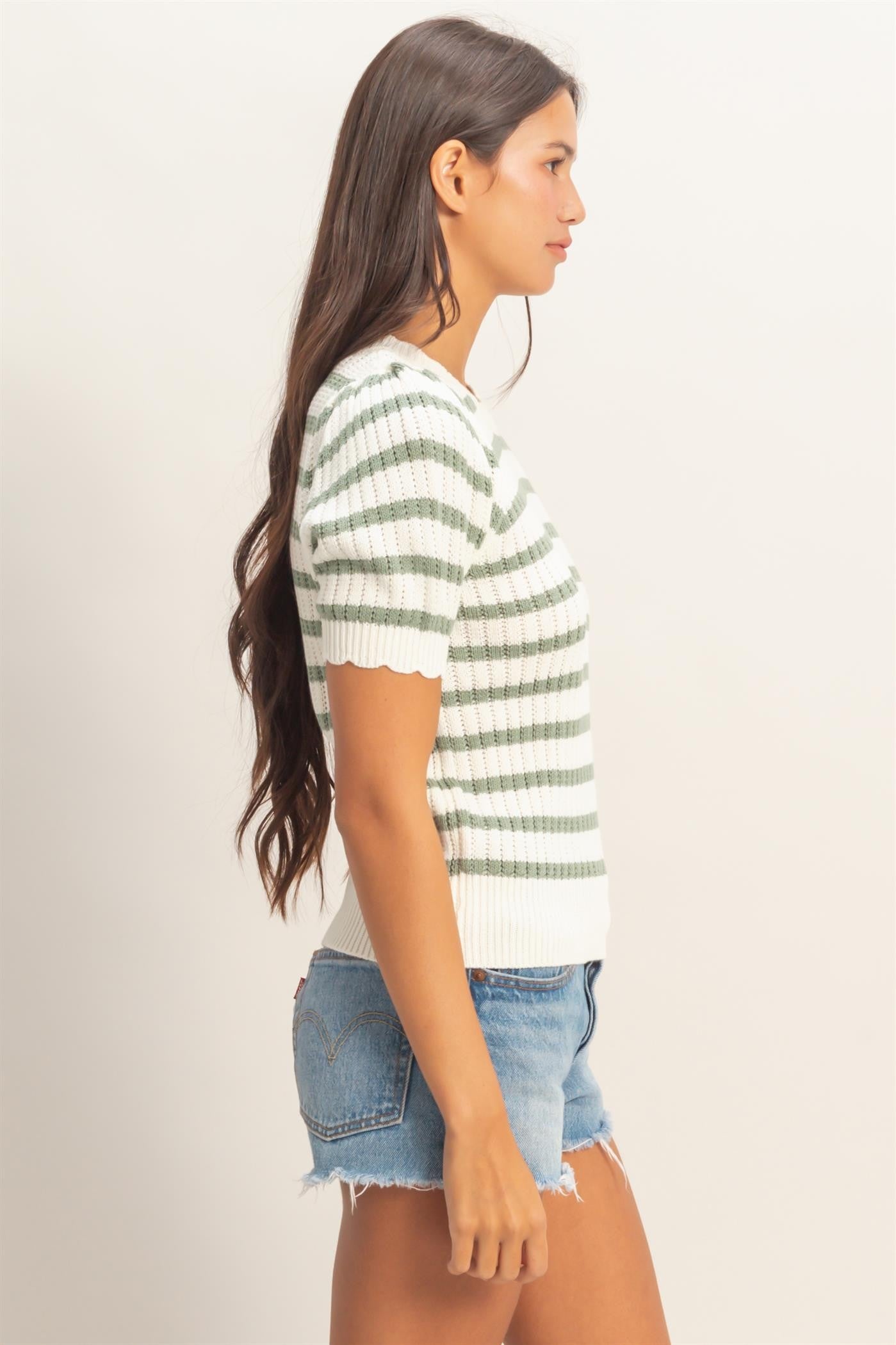 Striped Scallop Edge Puff Sleeve Knit Top