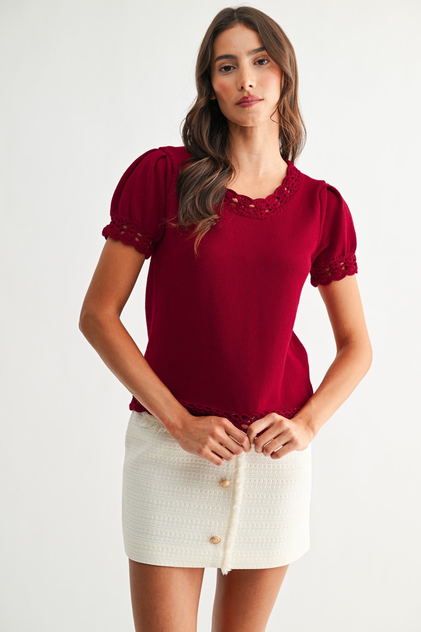 Scallop Trim Sweater in Crimson
