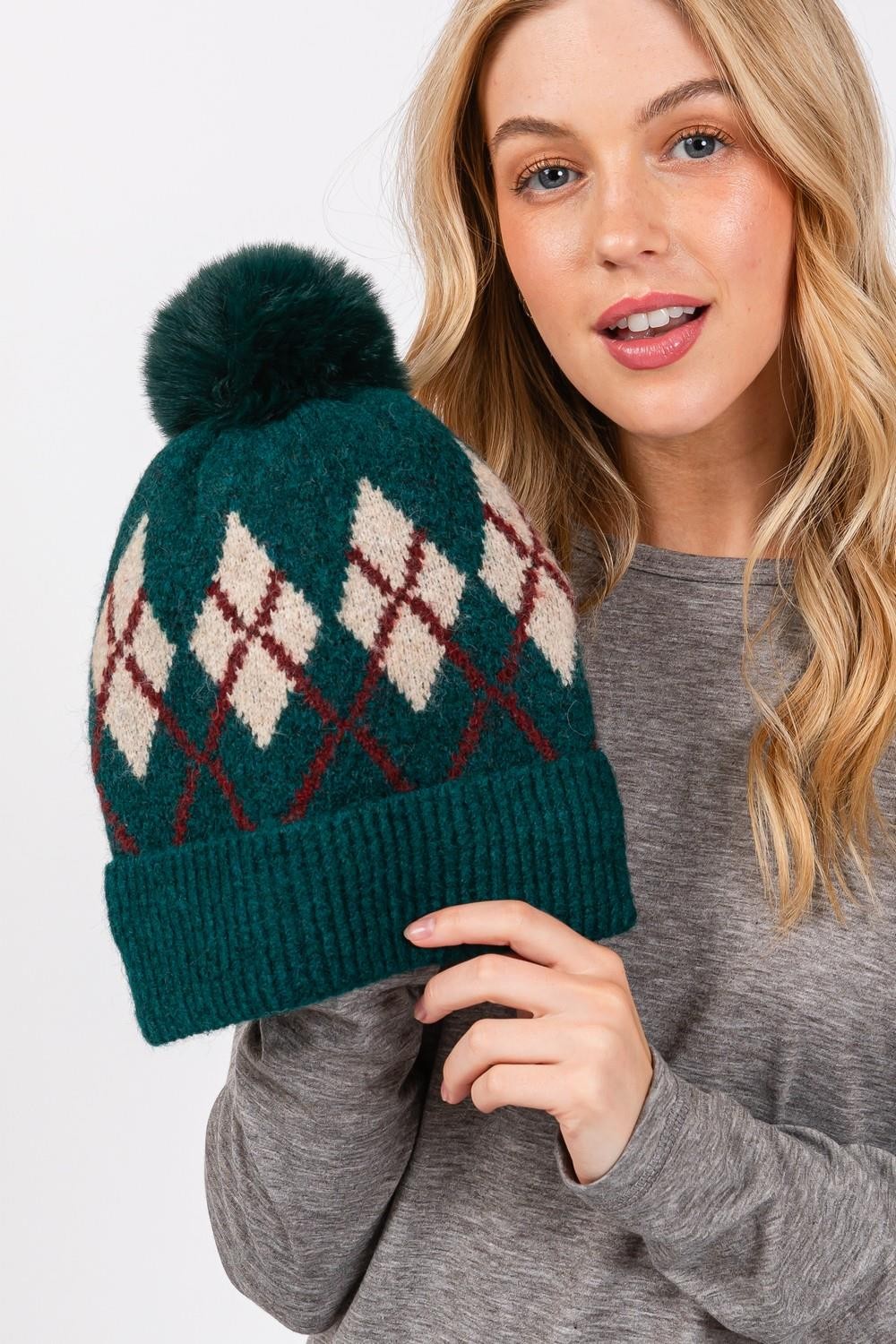 Argyle Fleece Pom Pom Beanie