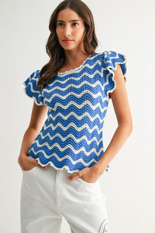 Blue & White Chevron Knit Top