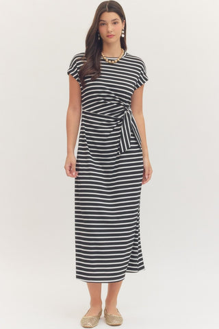Striped Side Tie Midi Dress in Black