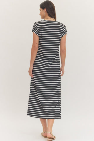 Striped Side Tie Midi Dress in Black