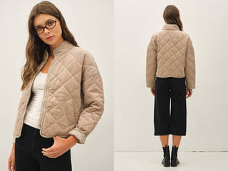 Corduroy Plush Quilted Cropped Jacket in Taupe