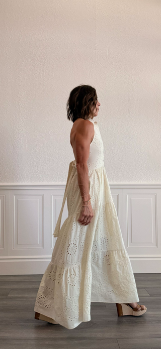 Eyelet Halter Maxi Dress in Butter