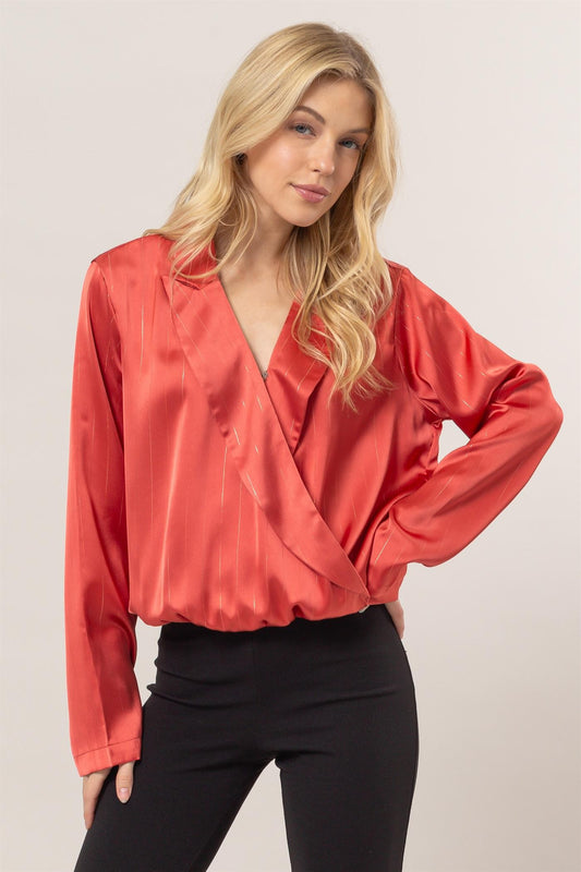 Sophisticated Lurex Wrap Blouse in Red