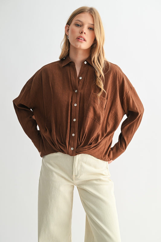 Texture Woven Twist Hem Button Down Shirt