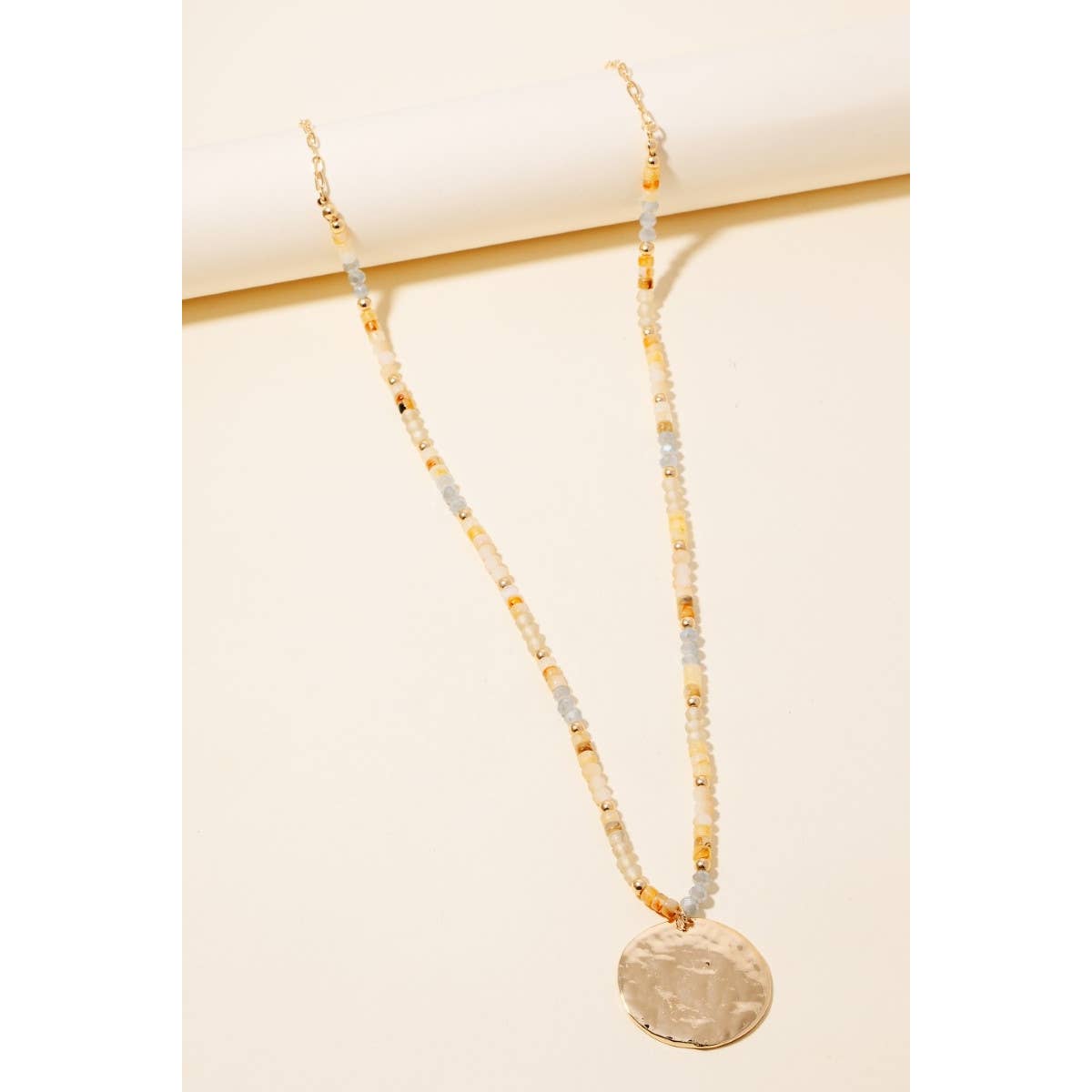 Hammered Disc Pendant Beaded Long Chain Necklace