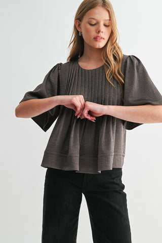 Texture Satin Pin Tuck Detail Blouse in Brown