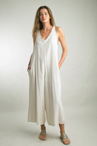 Italian Made Tencel Tie Back Jumpsuit in Natural