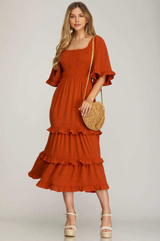 Bell Sleeve Smocked Tiered Dress in Rust