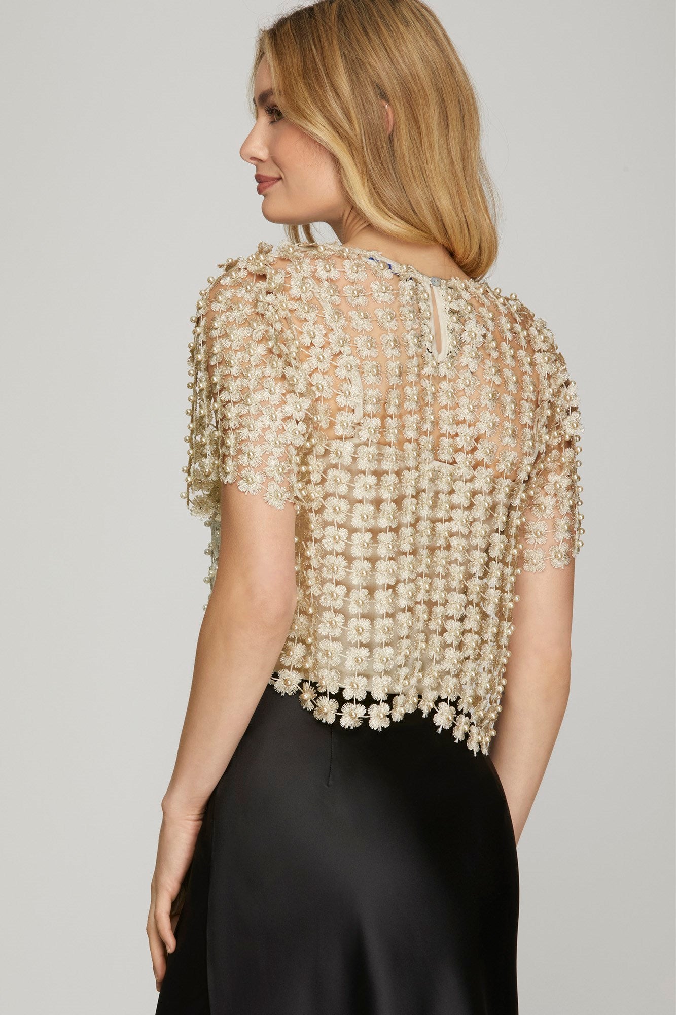 Crochet Pearl Beaded Top in Champagne