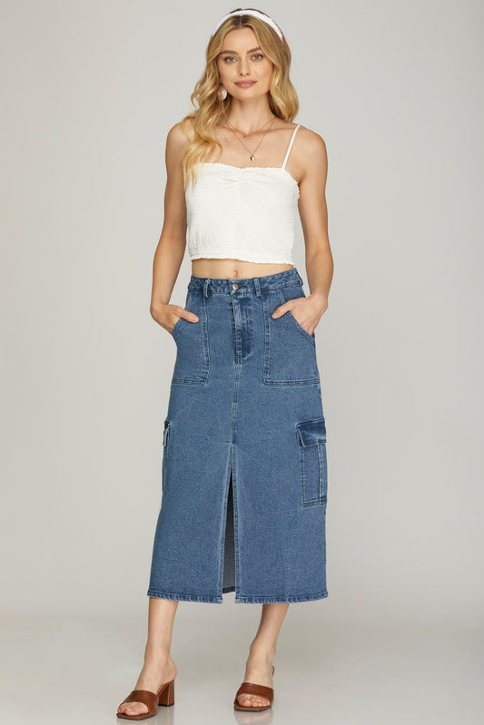 Stretchy Denim Cargo Midi Skirt