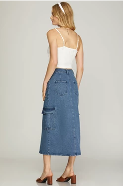 Stretchy Denim Cargo Midi Skirt