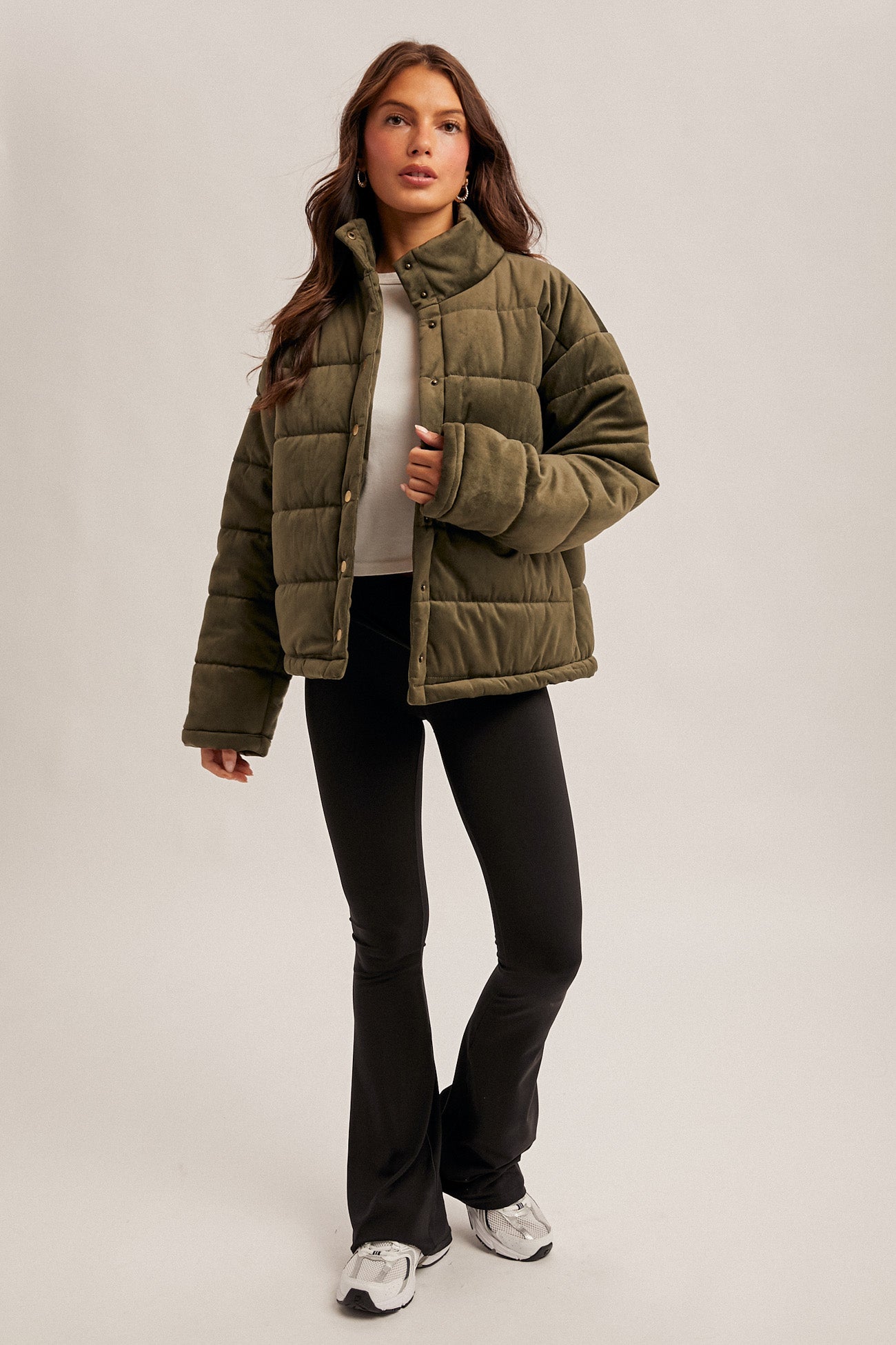 Olive Velvet Quilted Puffer Jacket