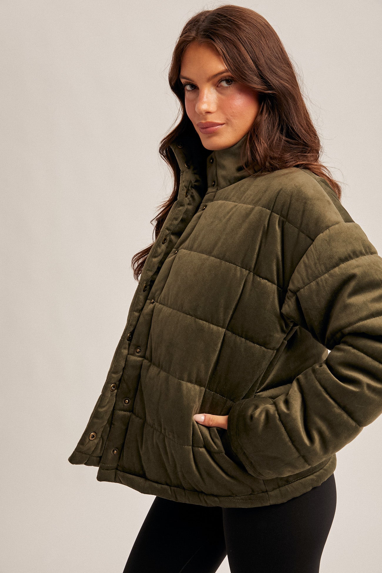 Olive Velvet Quilted Puffer Jacket