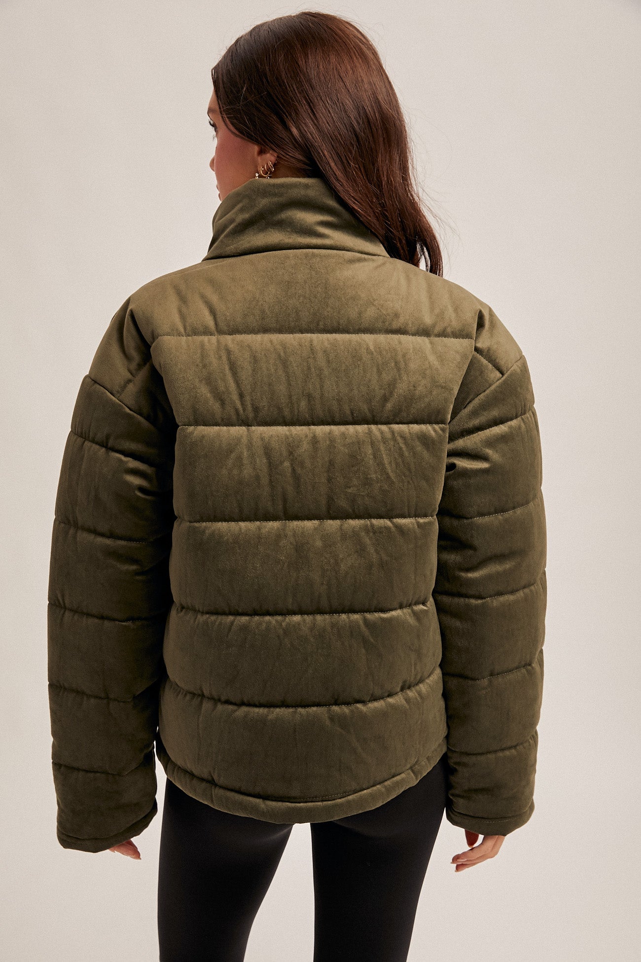Olive Velvet Quilted Puffer Jacket