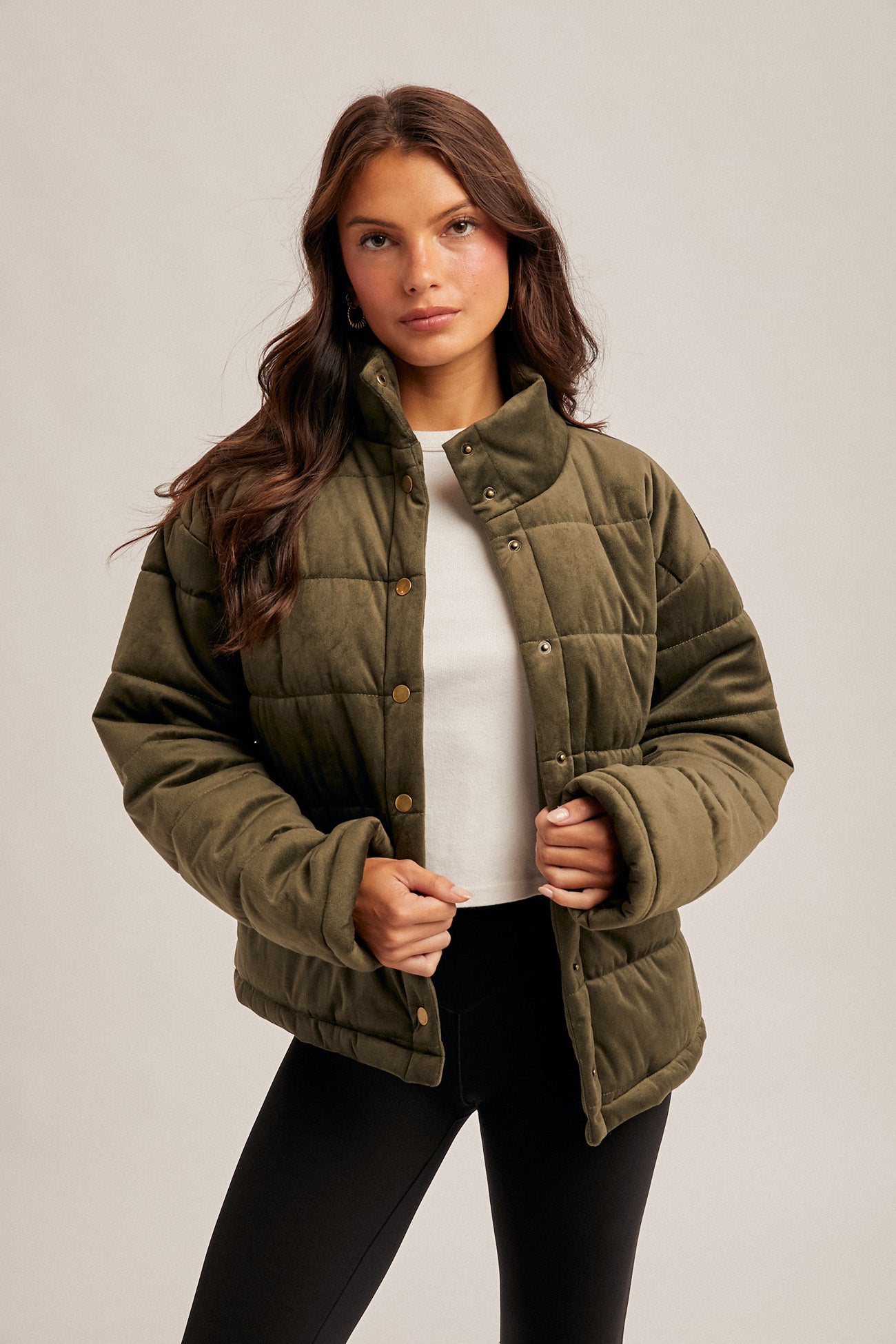 Olive Velvet Quilted Puffer Jacket