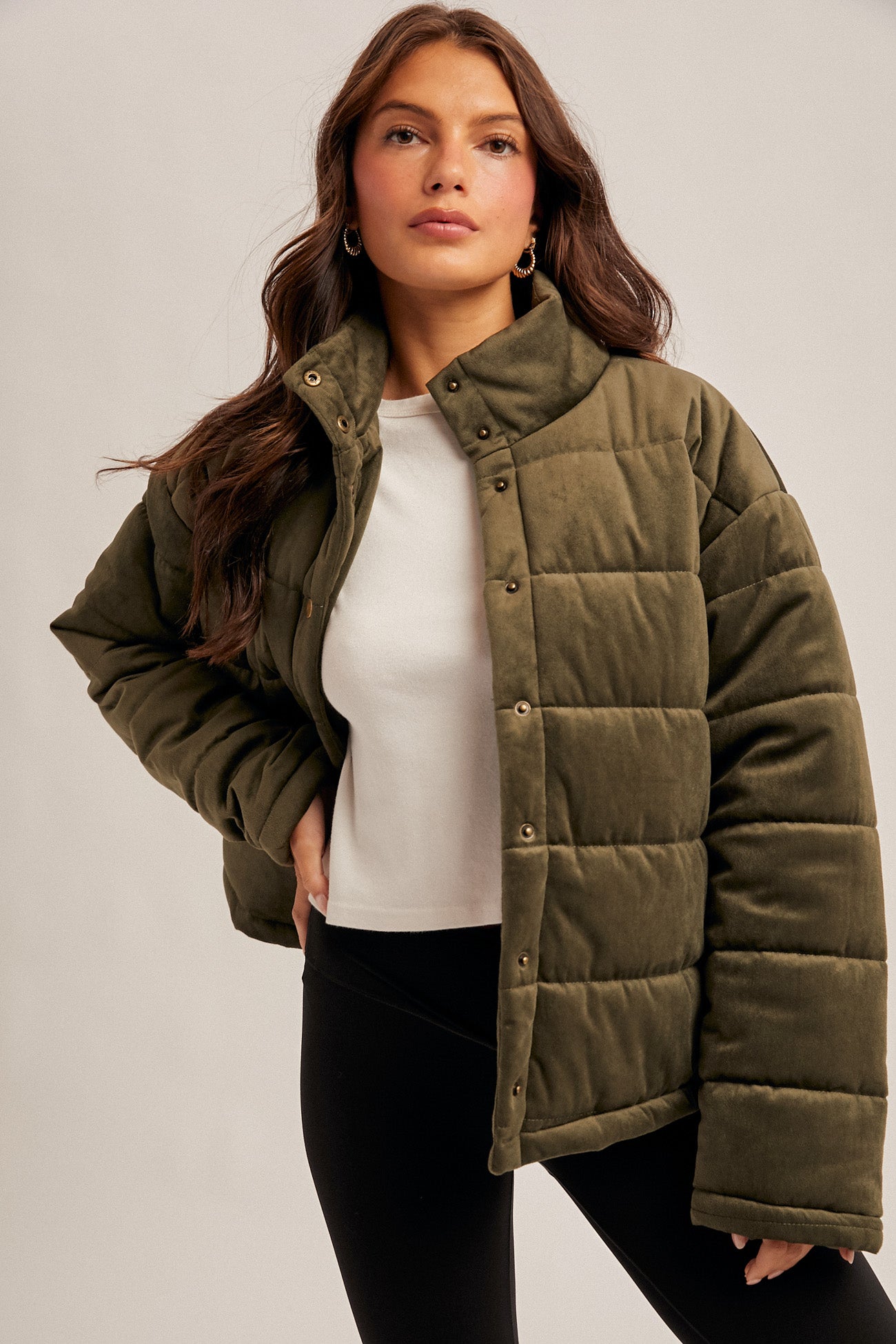 Olive Velvet Quilted Puffer Jacket